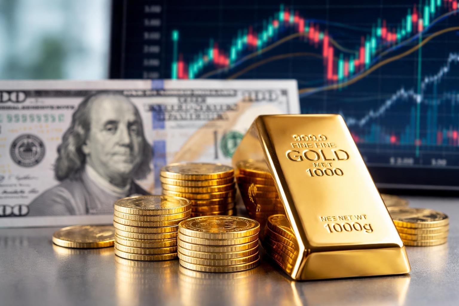 Close-up of gold bars and coins with a US dollar bill and a blurred financial chart in the background.