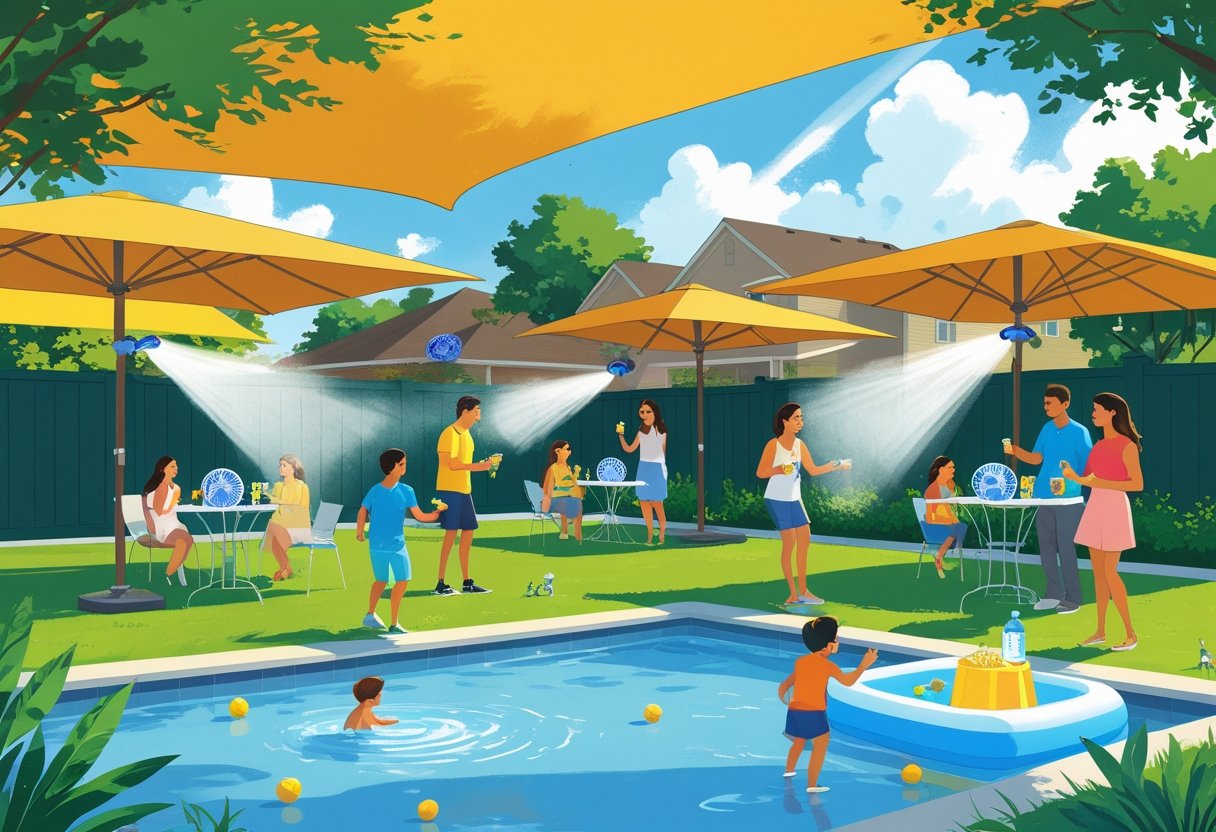 Outdoor summer party in a backyard with guests enjoying shade, misting fans, and refreshing drinks to stay cool.