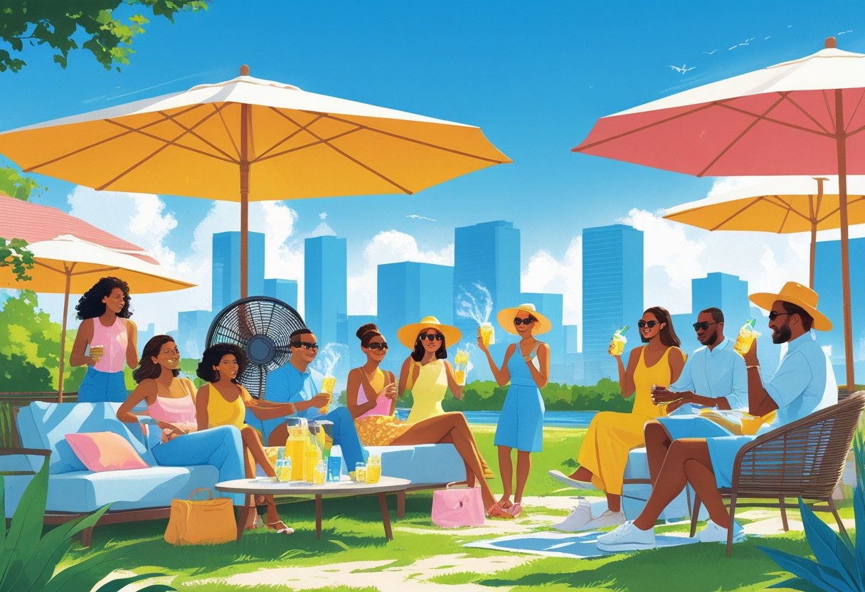 Outdoor summer party in Houston with guests enjoying shaded areas, cold drinks, and cooling fans under sunny weather.