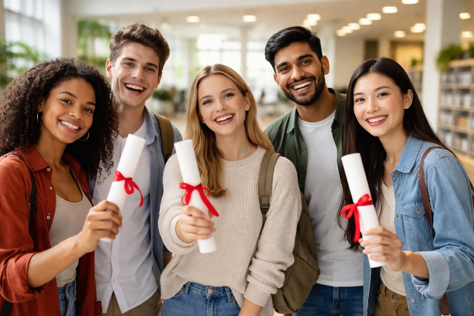 گروهی از دانشجویان خوشحال که مدارک تحصیلی معتبر خود را در محیط دانشگاهی مدرن در دست دارند.