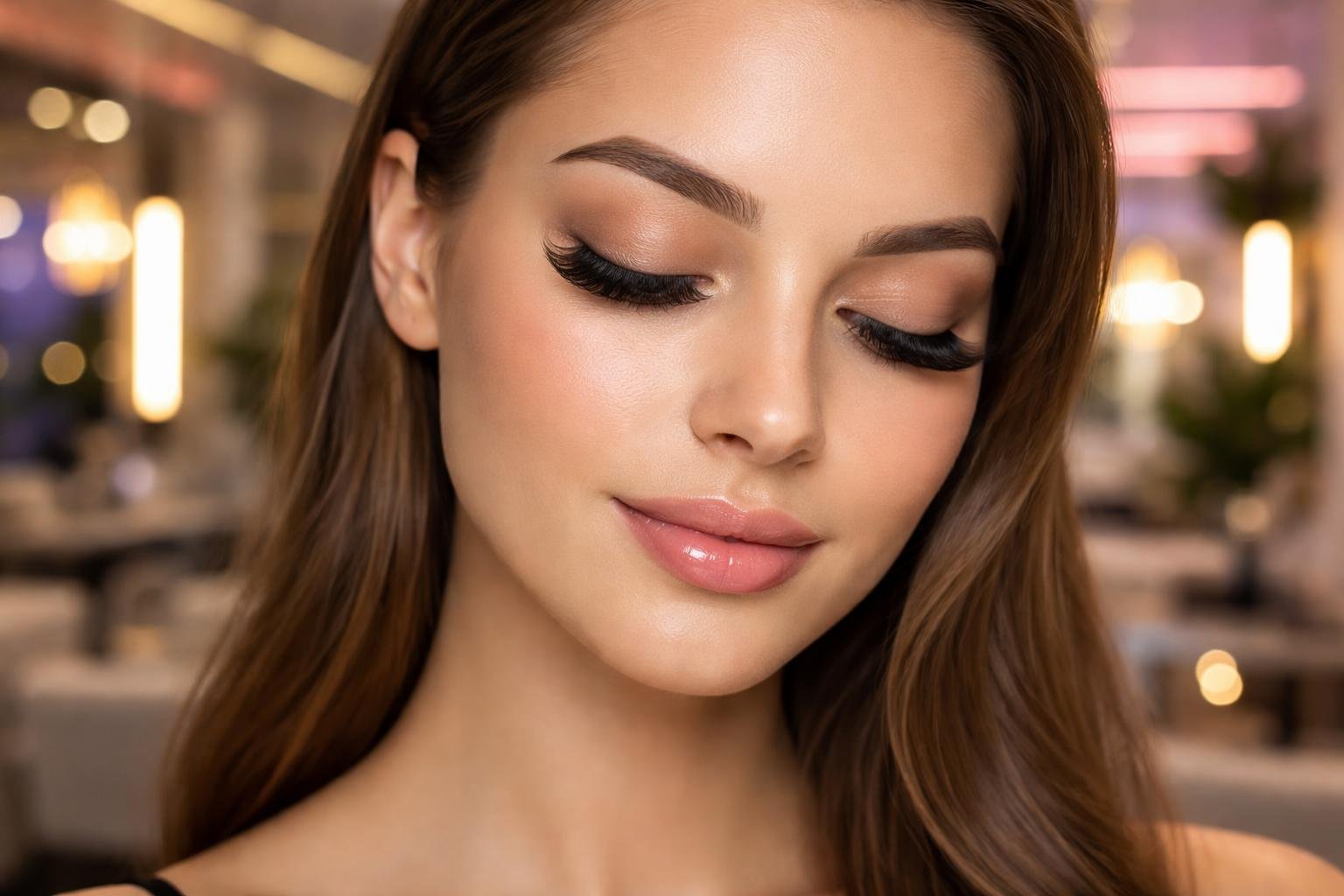 Close-up of a young woman with hybrid eyelash extensions in a modern beauty salon with soft lighting.