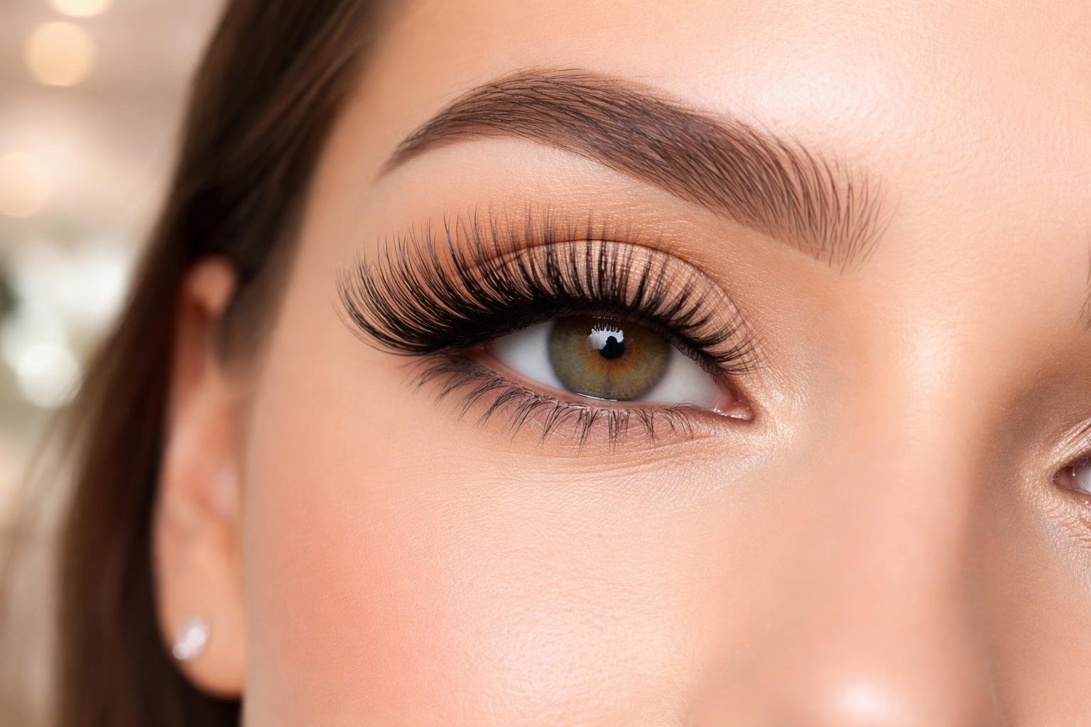 Close-up of a woman's eye with long, voluminous hybrid eyelash extensions and smooth skin.