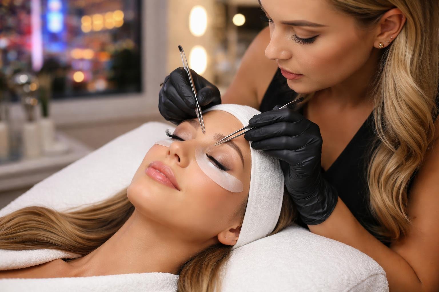 A beauty technician applying hybrid eyelash extensions to a client reclining in a salon chair.