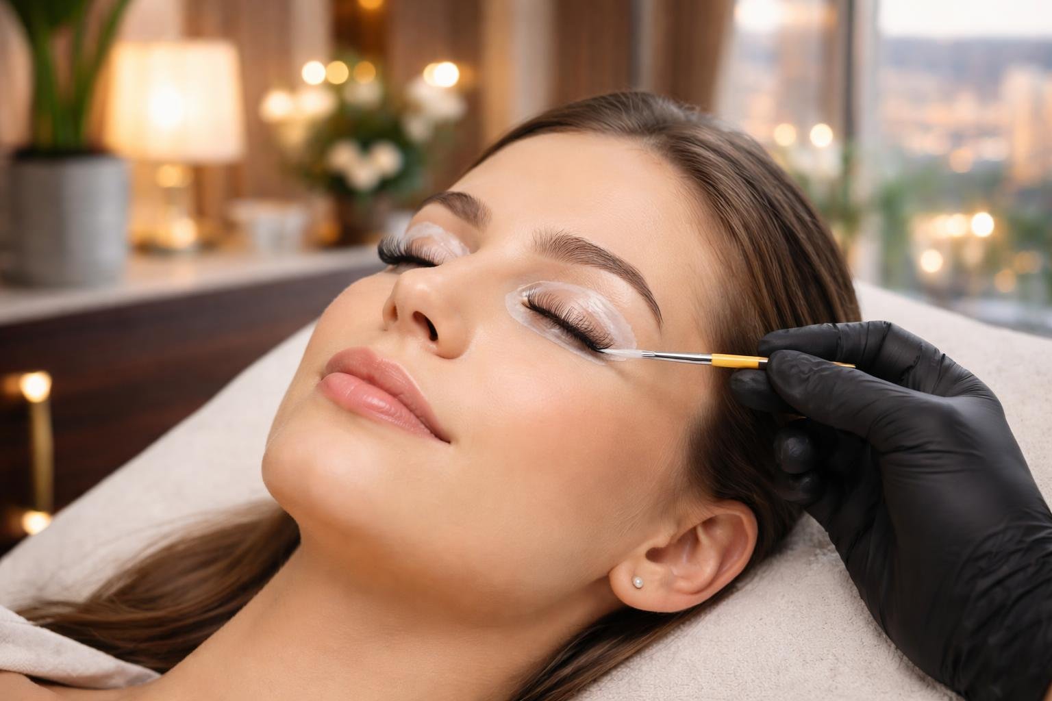 A woman with closed eyes receiving a lash lift and tint treatment from a beautician in a modern salon.