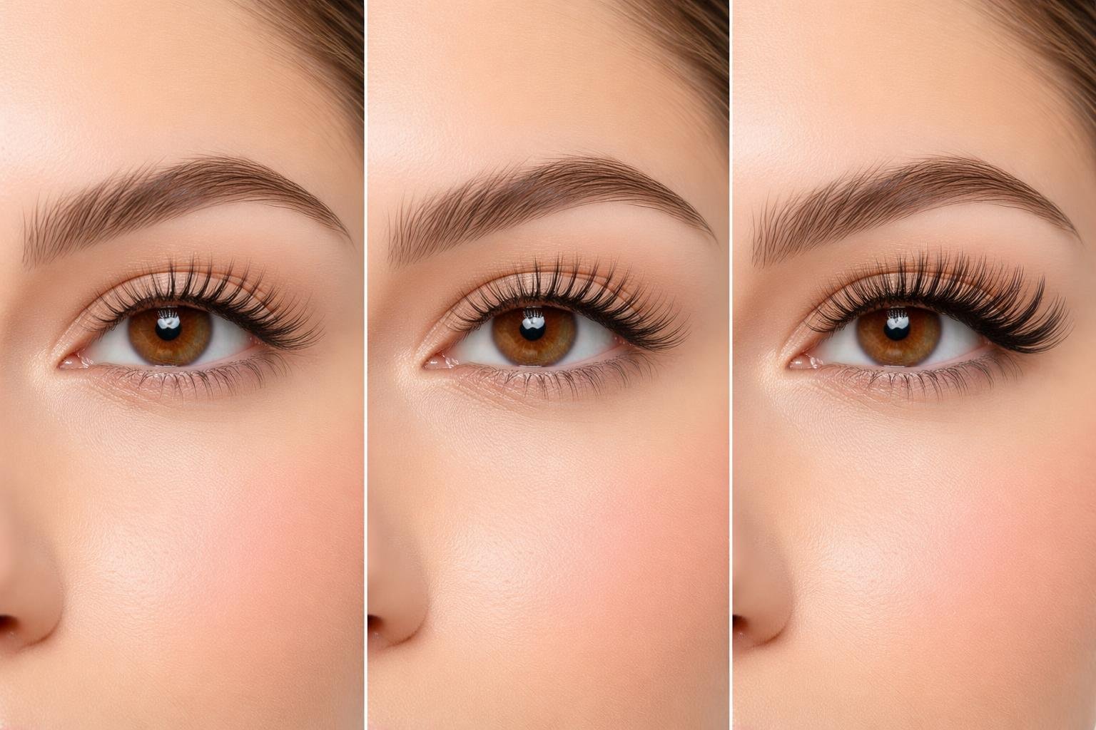 Close-up of a woman's eye showing natural curled lashes, darker tinted lashes, and long voluminous eyelash extensions side by side.
