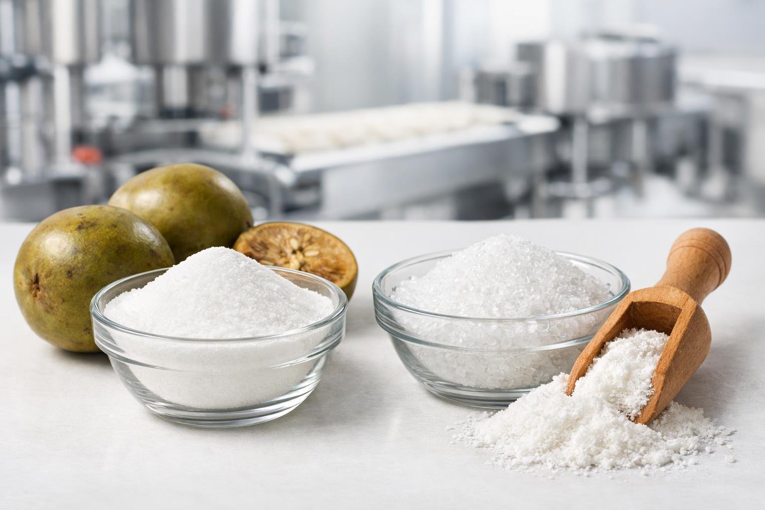Glass bowls containing monk fruit sweetener and allulose powder with fresh monk fruit and a wooden scoop on a white surface in a food manufacturing environment.