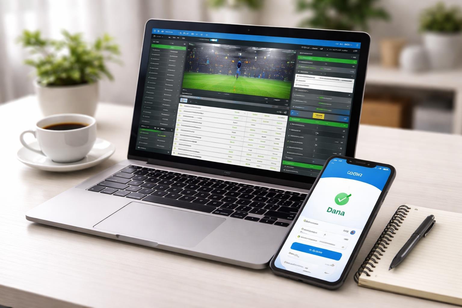 Seseorang menggunakan laptop dan ponsel untuk memasang taruhan bola dengan pembayaran melalui aplikasi Dana di meja kerja.