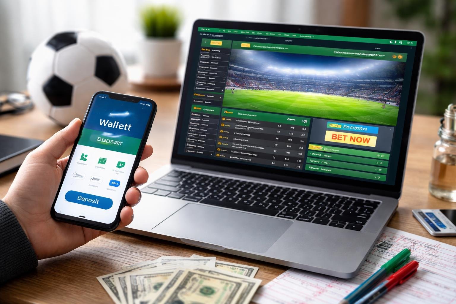 Meja kerja dengan laptop yang menampilkan situs taruhan bola dan ponsel yang menunjukkan aplikasi dompet digital, dengan bola sepak di latar belakang.