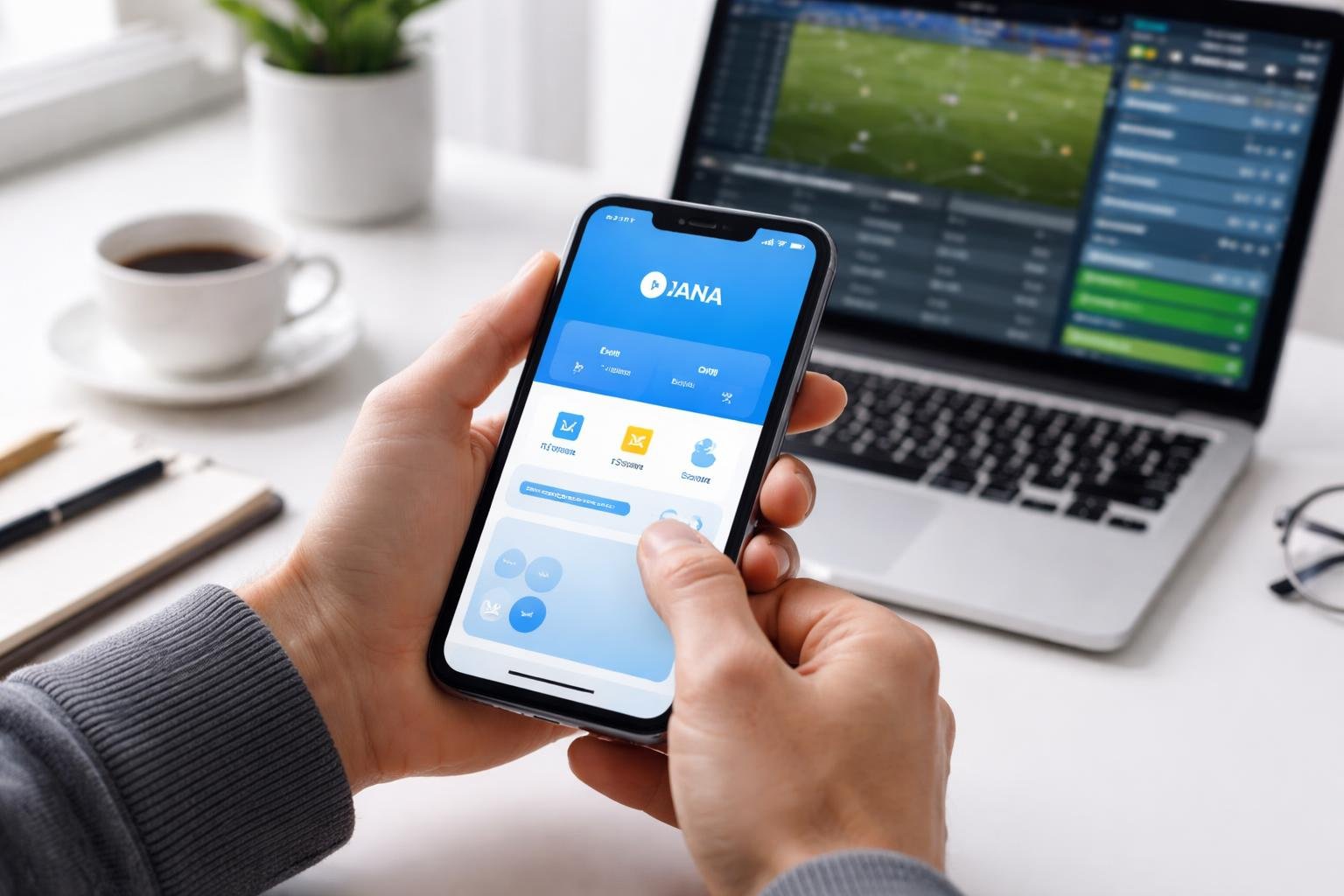 Tangan seseorang memegang ponsel dengan aplikasi dompet digital, latar belakang menampilkan pertandingan sepak bola di laptop.