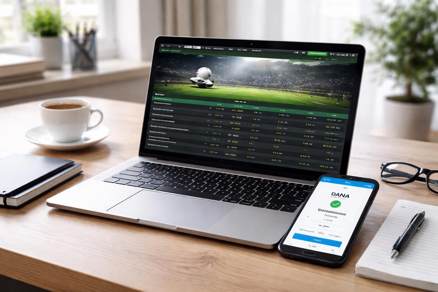 Seseorang menggunakan laptop dan ponsel untuk memasang taruhan bola dengan aplikasi DANA di meja kerja yang rapi.