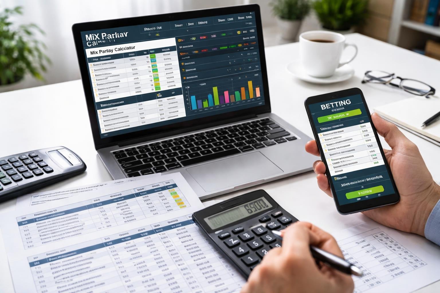 Meja kerja dengan laptop, ponsel, dan dokumen yang menunjukkan perhitungan odds dan potensi pembayaran taruhan mix parlay.