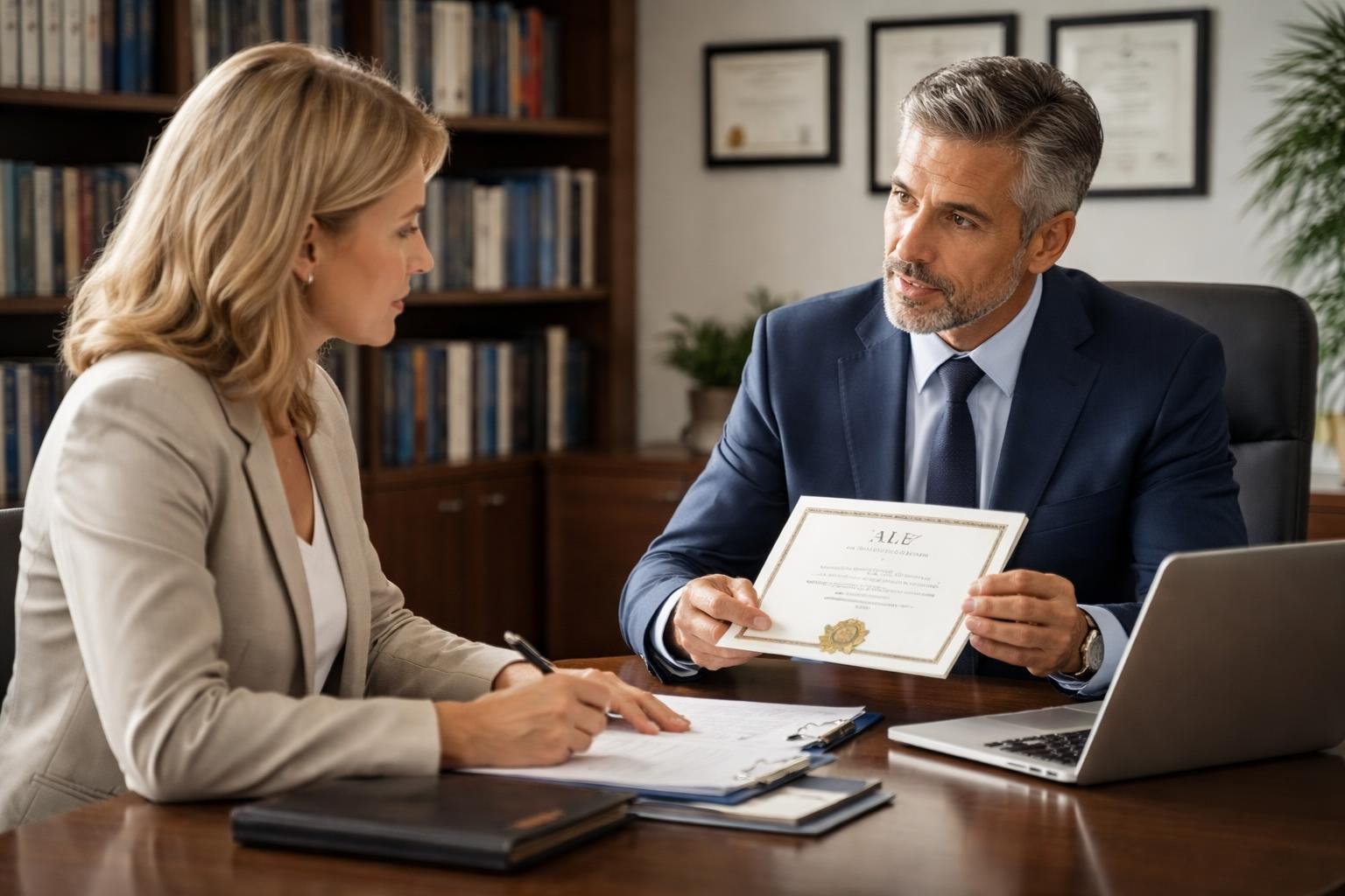دو نفر در یک دفتر مدرن در حال گفتگو و بررسی مدارک هستند.