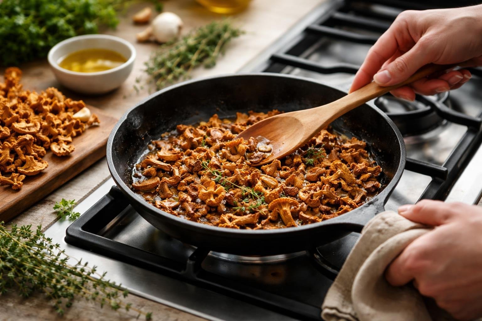 Hands cooking dried chanterelle mushrooms in a skillet on a stove with herbs and ingredients nearby.