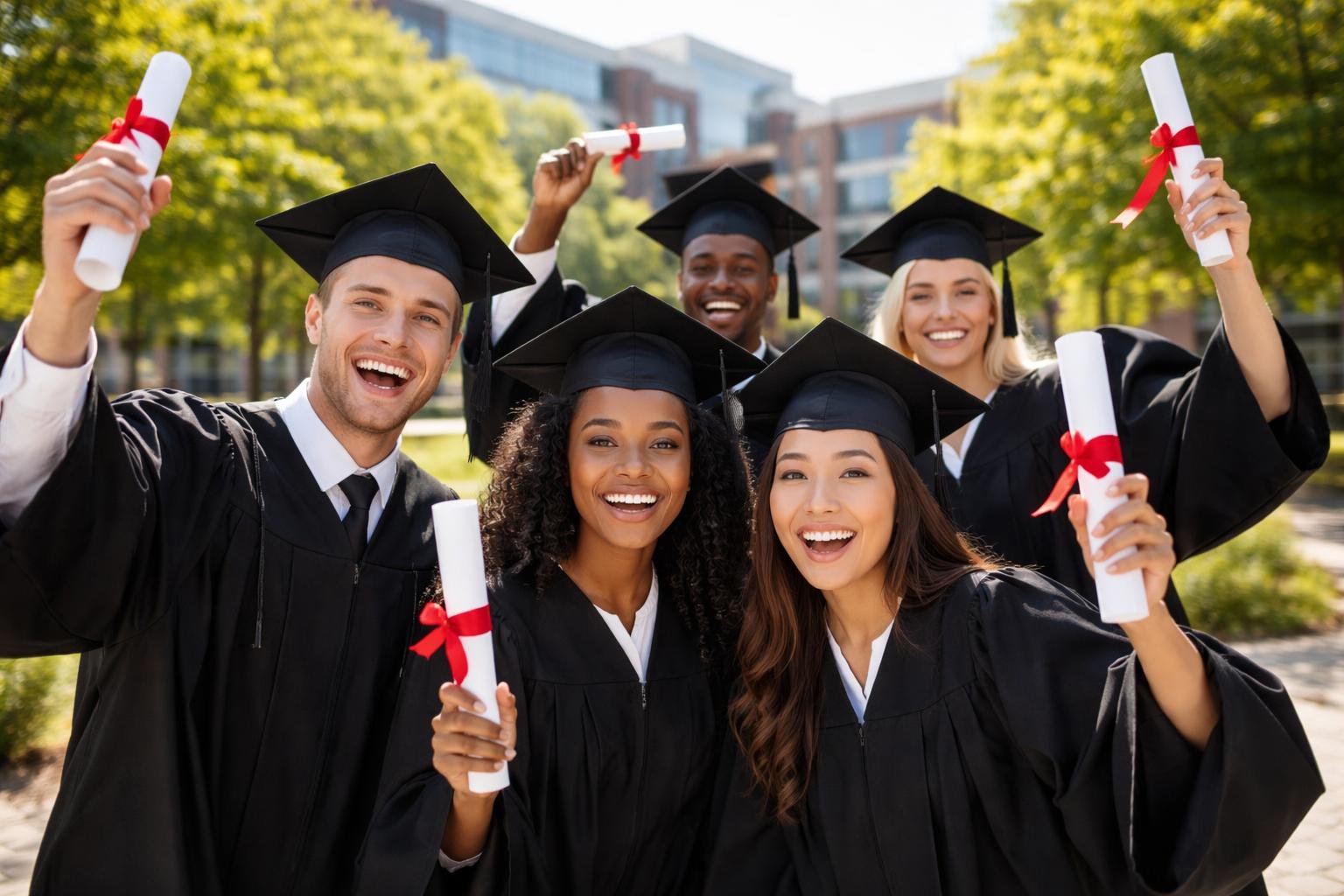 گروهی از دانشجویان در حال جشن گرفتن فارغ‌التحصیلی با لباس و کلاه فارغ‌التحصیلی و در دست داشتن مدارک دانشگاهی در فضای باز دانشگاه