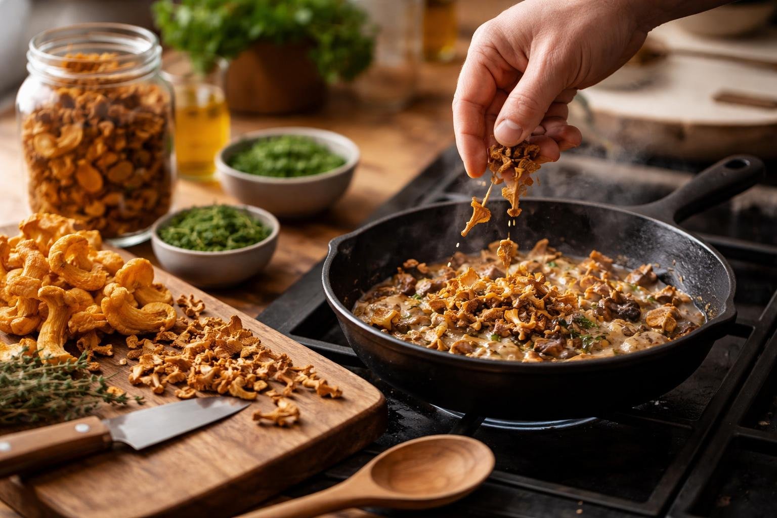 A kitchen scene showing dried chanterelle mushrooms being added to a skillet with cooking ingredients on a wooden cutting board and fresh herbs nearby.
