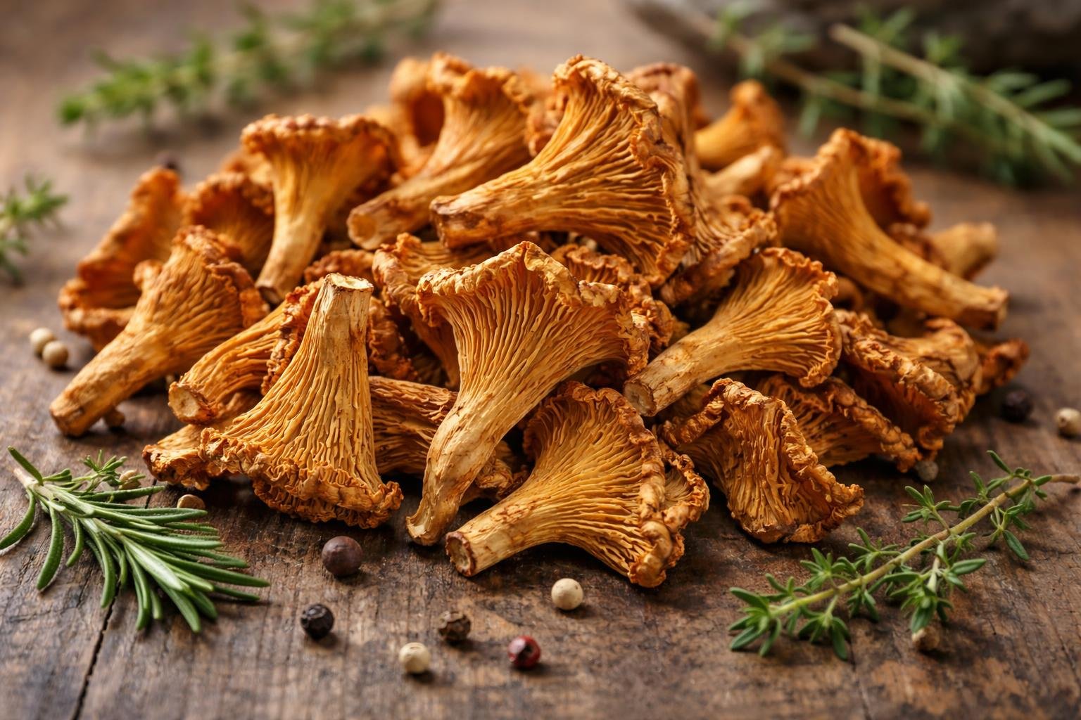 Dried golden chanterelle mushrooms arranged on a wooden surface with fresh herbs and peppercorns.