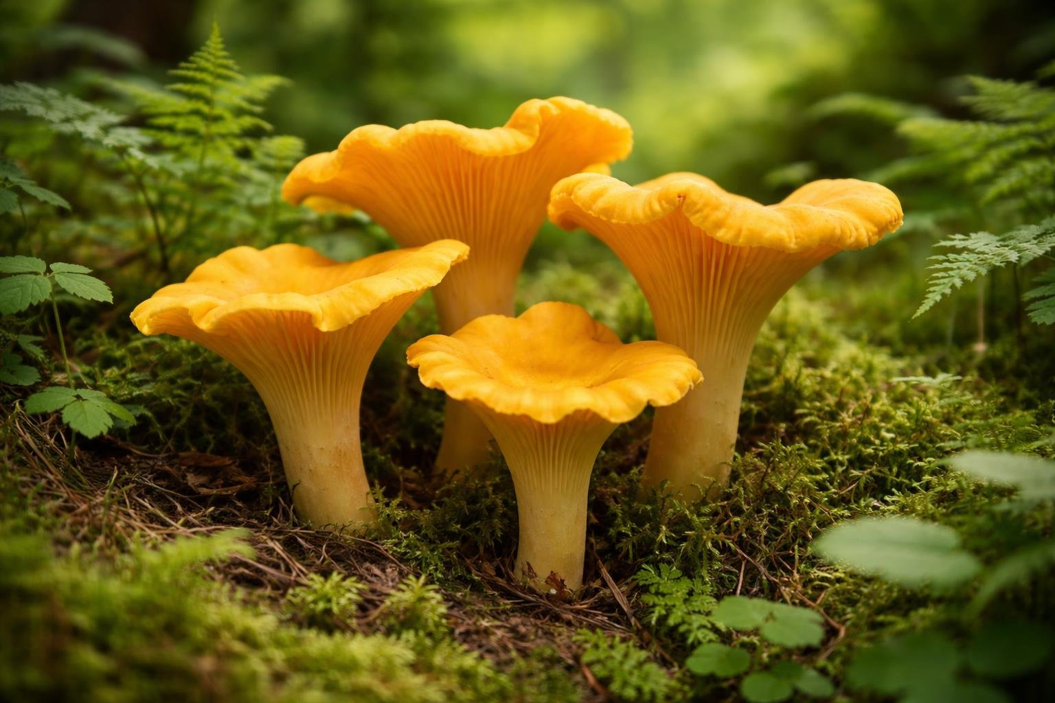 Close-up of yellow foot chanterelle mushrooms growing on a mossy forest floor with green plants around them.