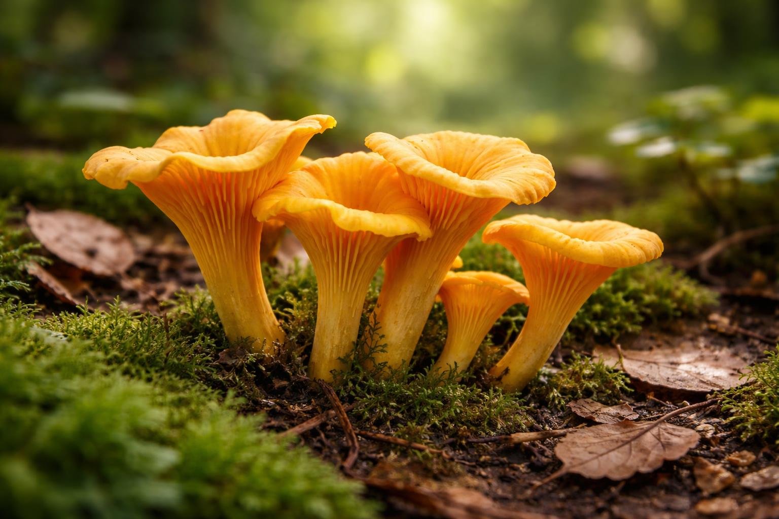 Yellow foot chanterelle mushrooms growing on a mossy forest floor with leaves around them.