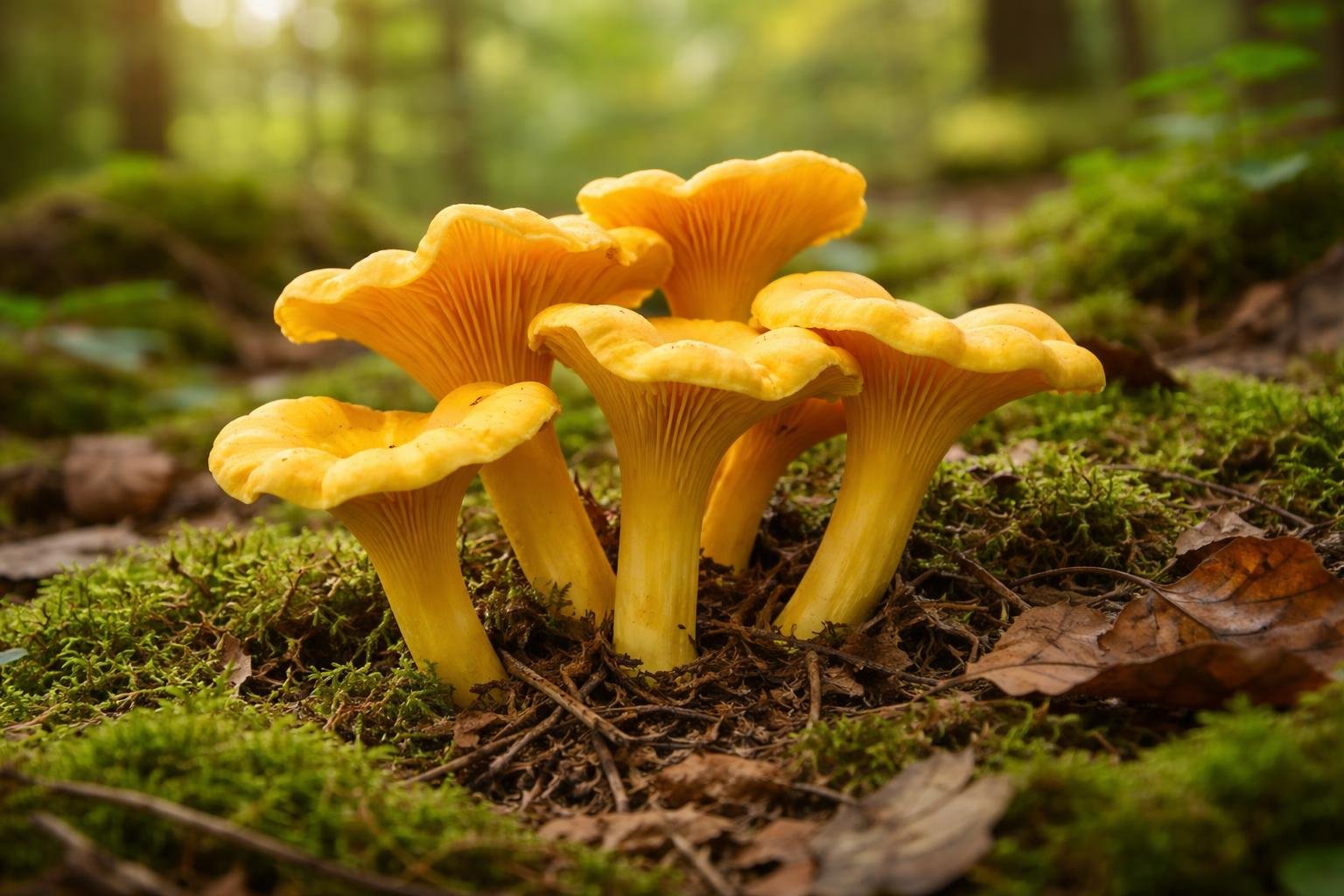 A cluster of yellow foot chanterelle mushrooms growing on a forest floor with moss and leaves.