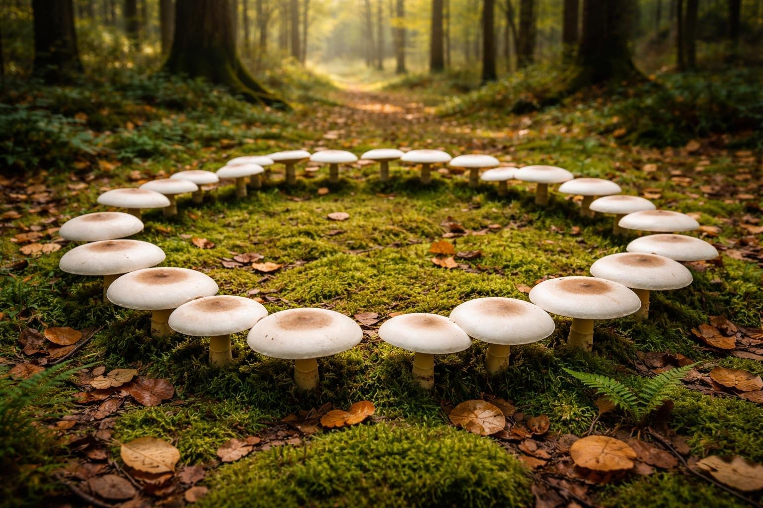 A circular ring of white champignon mushrooms growing on a forest floor surrounded by moss and fallen leaves.