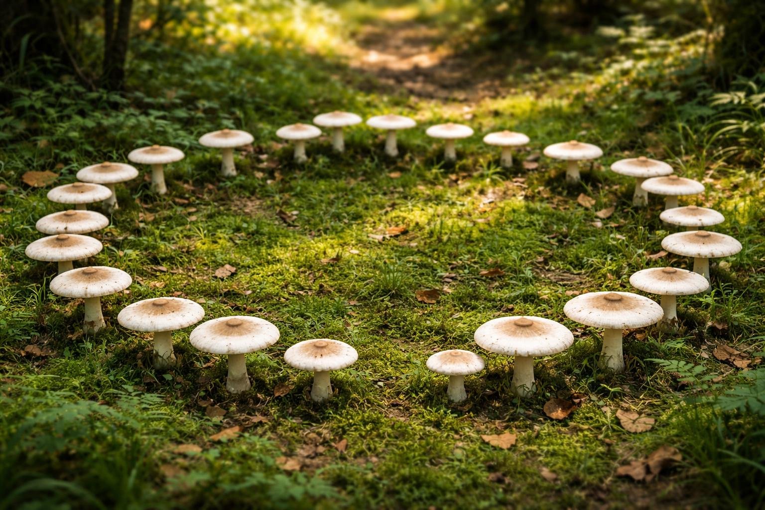 Close-up of a circular arrangement of champignon mushrooms growing on a forest floor surrounded by green moss and leaves.