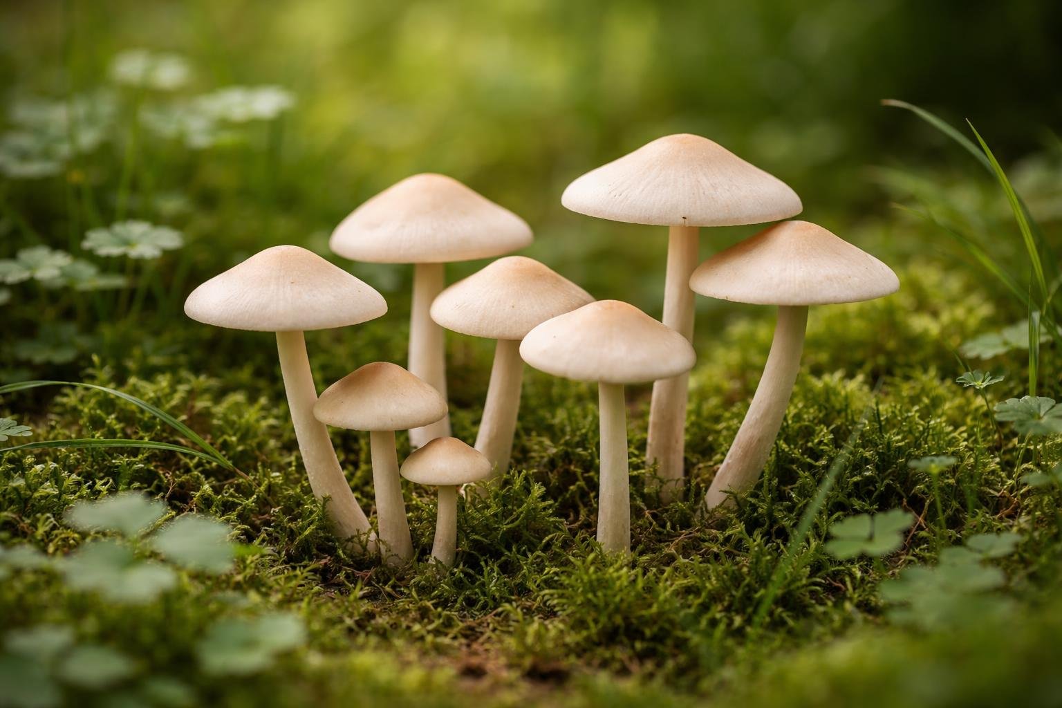 Close-up of Fairy Ring Champignon mushrooms growing on a forest floor surrounded by green plants and moss.
