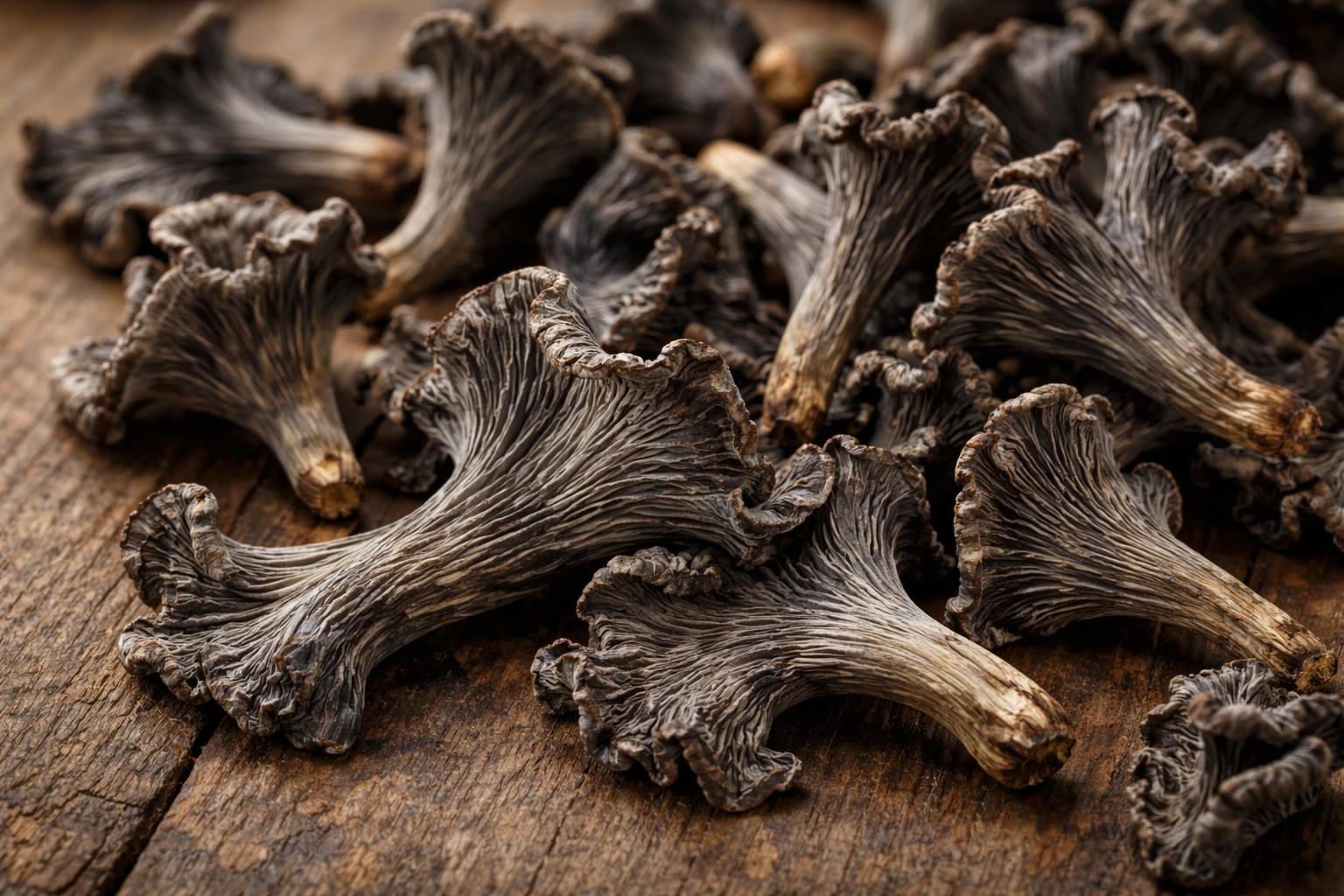 Close-up of dried grey chanterelle mushrooms arranged on a wooden surface.