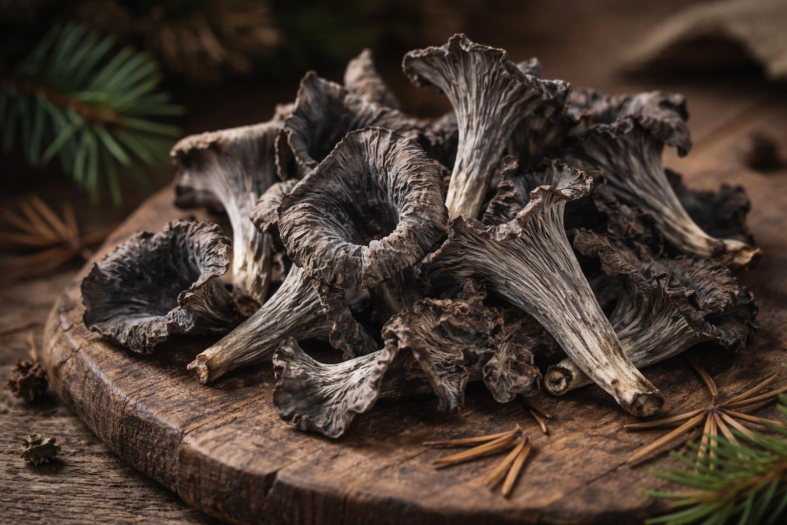 Close-up of dried grey chanterelle mushrooms arranged on a wooden surface with forest foliage in the background.