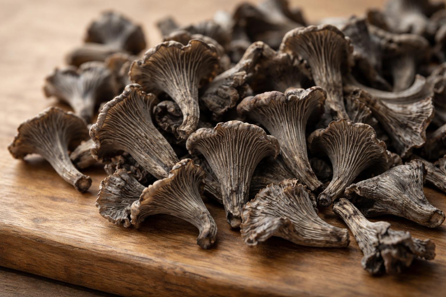 Close-up of dried grey chanterelle mushrooms arranged on a wooden surface.
