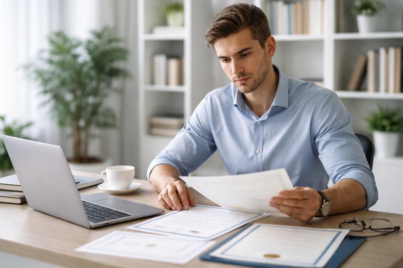 یک فرد جوان و جدی که در یک دفتر روشن و مدرن پشت میزی نشسته و مدارک رسمی را بررسی می‌کند.