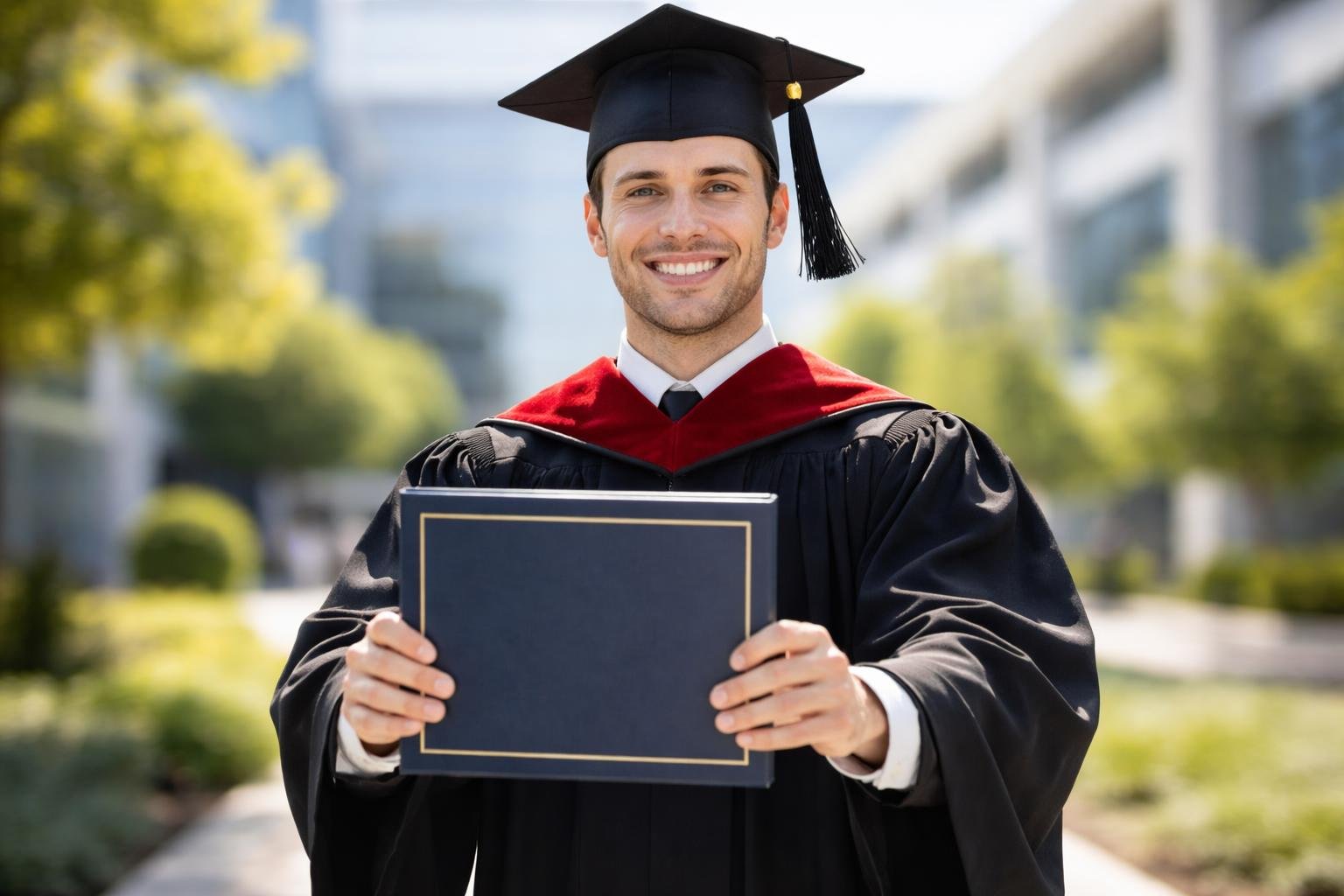 یک فارغ‌التحصیل جوان با لباس و کلاه فارغ‌التحصیلی که یک پوشه مدرک را در دست دارد 