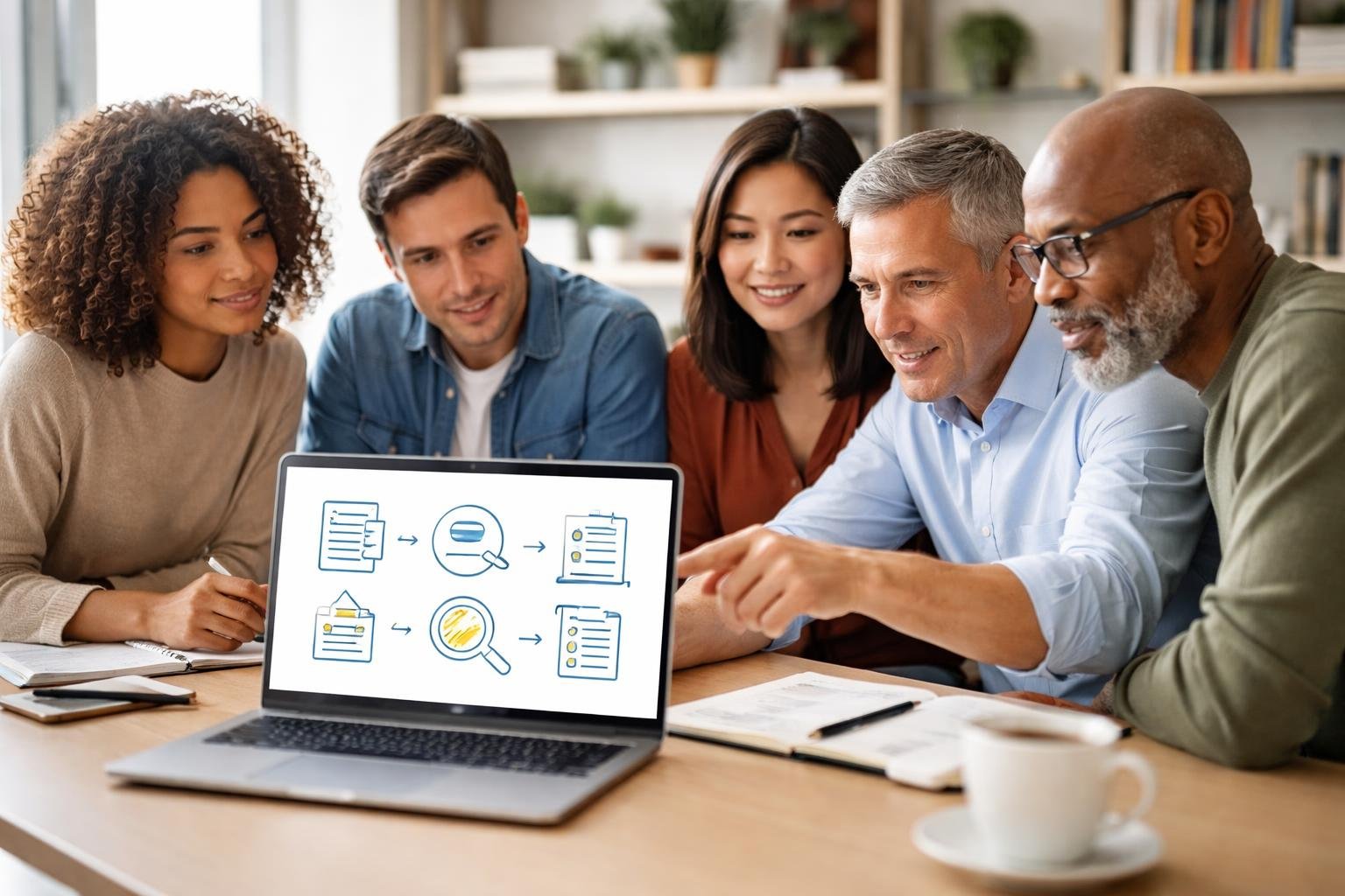 A group of adults attentively learning from an instructor who is explaining information on a laptop screen in a modern office setting.