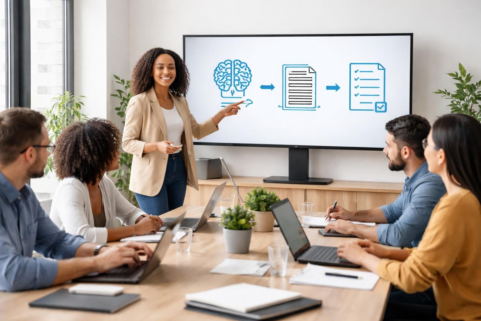 A group of people learning together in an office as an instructor explains AI tools on a digital screen.