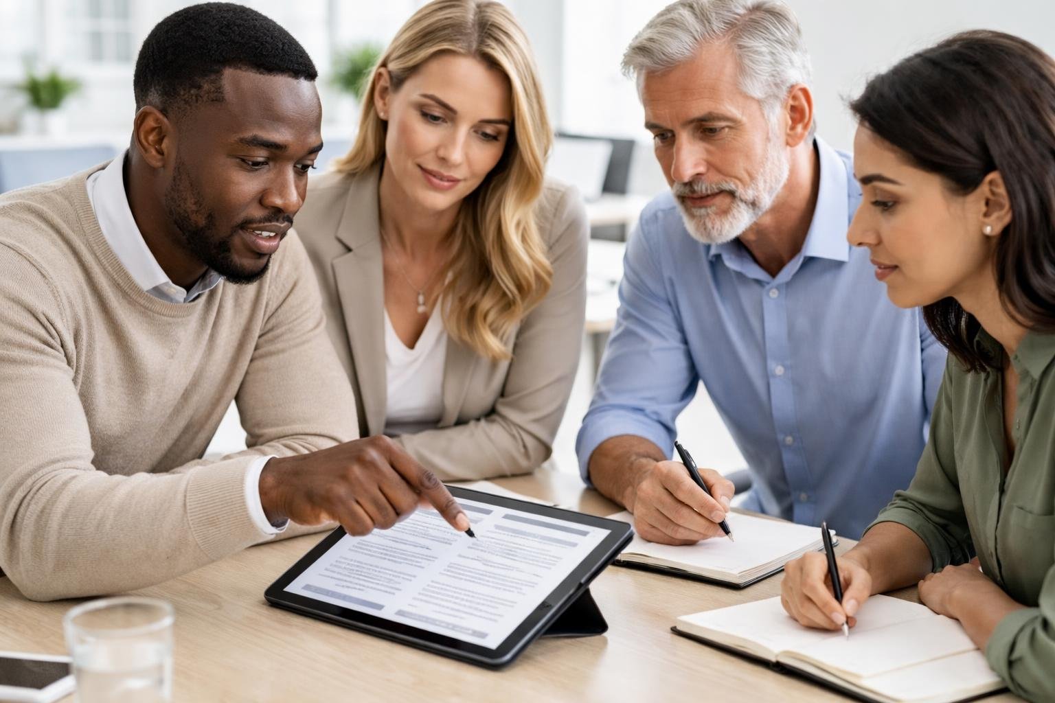 A group of adults gathered around a tablet, discussing and learning about complex documents in an office setting.