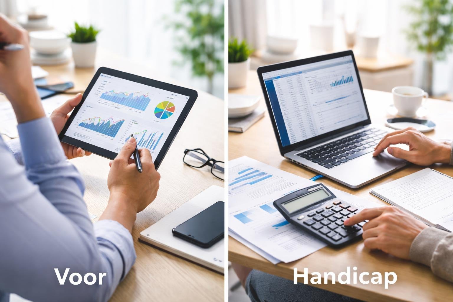Dua orang bekerja di kantor modern, satu menganalisis grafik di tablet dan yang lain menghitung data di laptop.