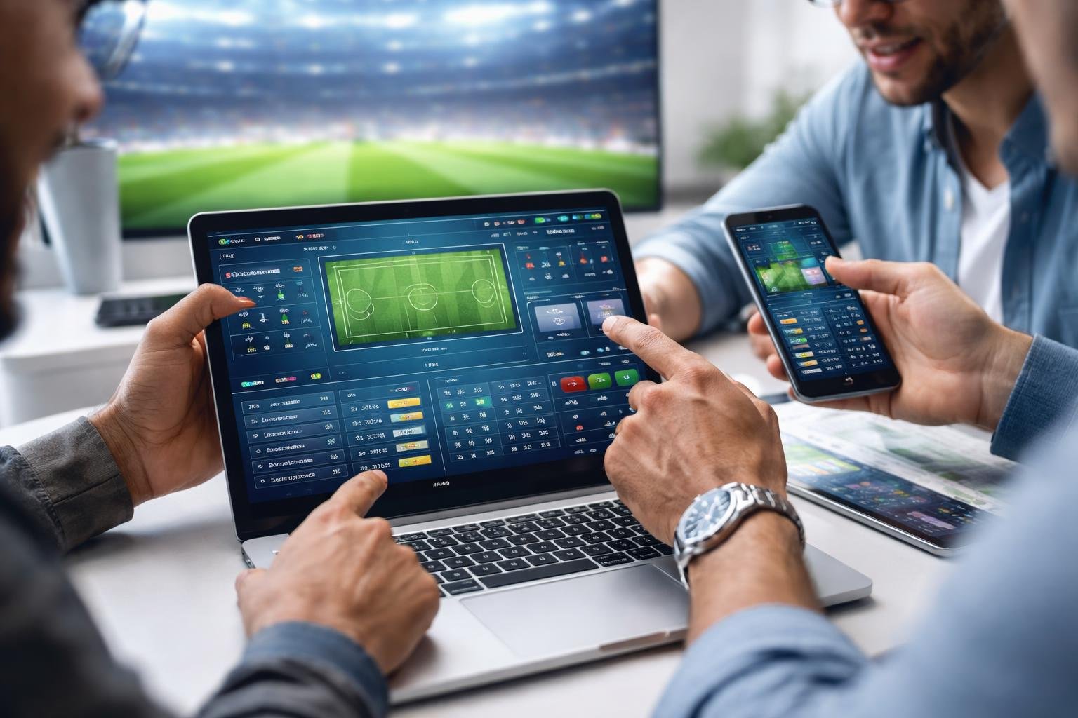 Sekelompok orang sedang menganalisis data taruhan sepak bola menggunakan perangkat digital di ruangan terang dengan latar stadion sepak bola.