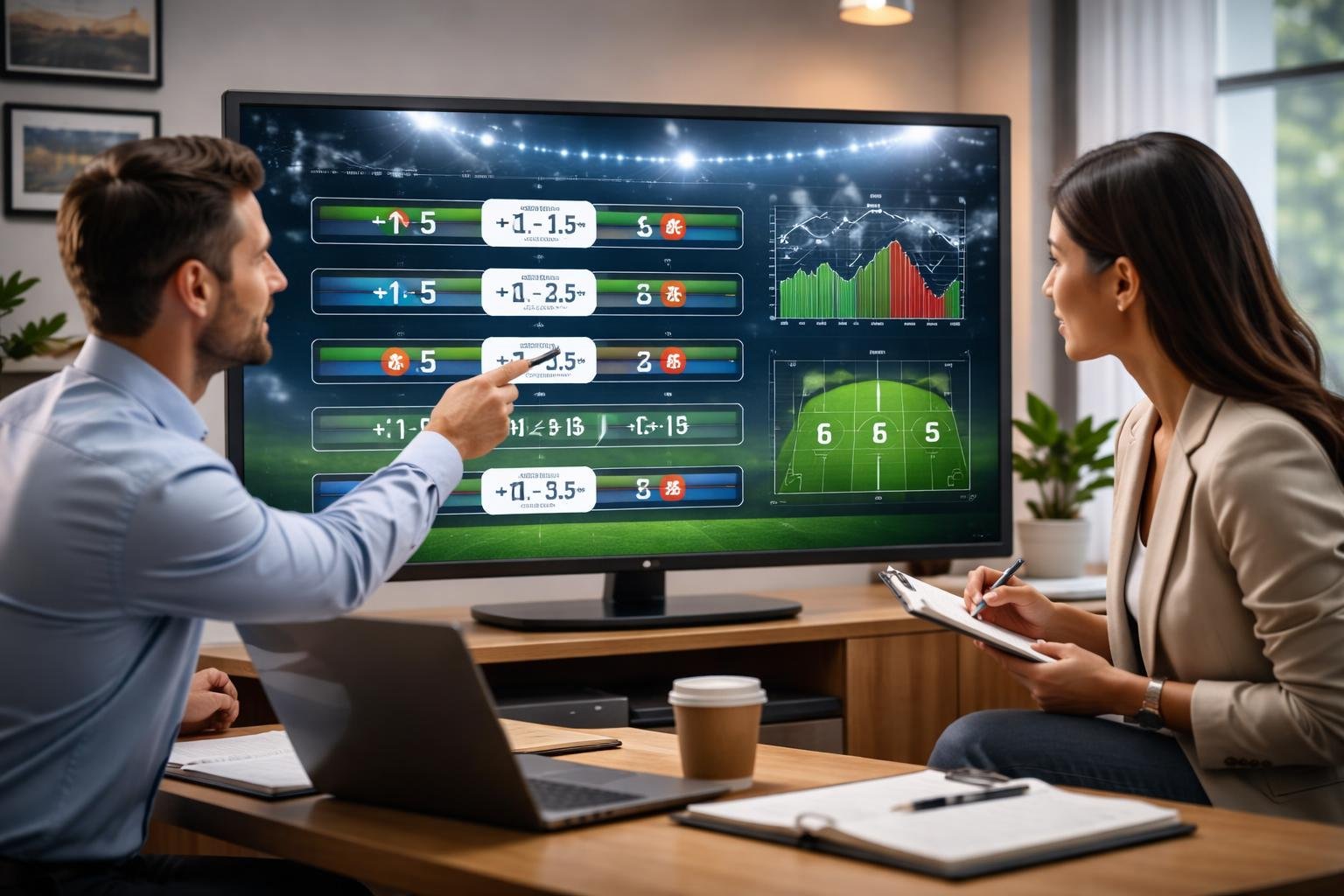 Dua profesional berdiskusi di kantor dengan layar digital menampilkan statistik dan grafik taruhan sepak bola.