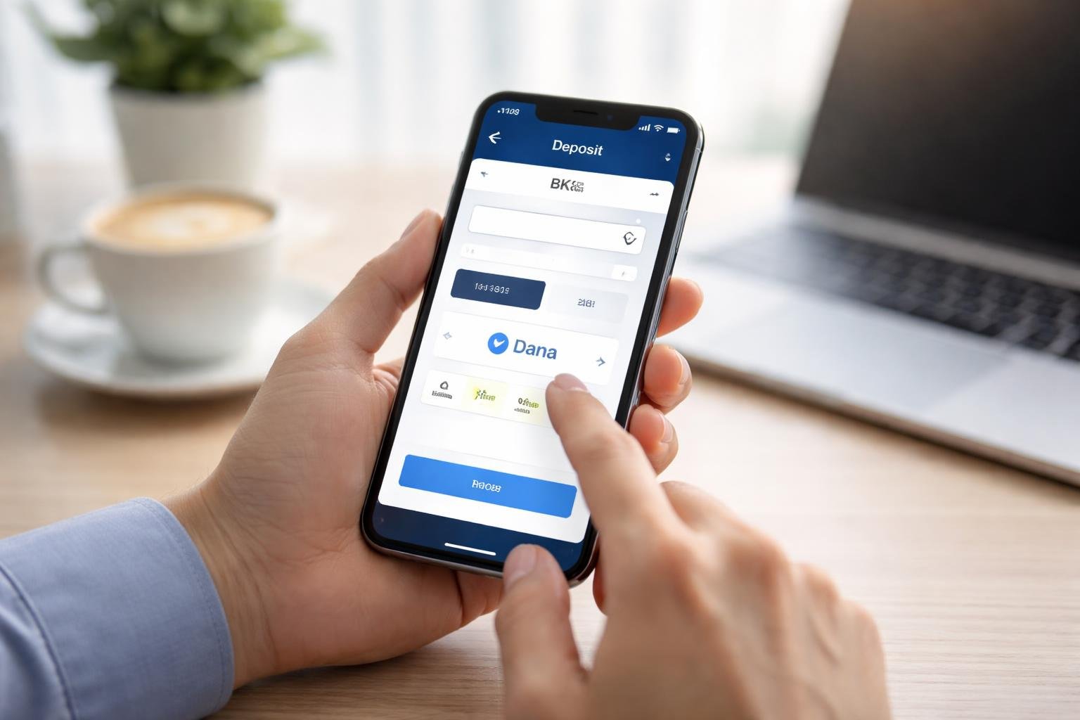 Tangan seseorang memegang ponsel dengan layar aplikasi pembayaran digital yang menampilkan proses deposit di BK8 menggunakan Dana, dengan latar belakang ruang kerja modern.
