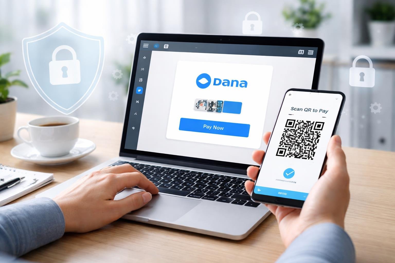 Seseorang menggunakan laptop dan ponsel untuk melakukan pembayaran digital melalui Dana dengan elemen keamanan di latar belakang.