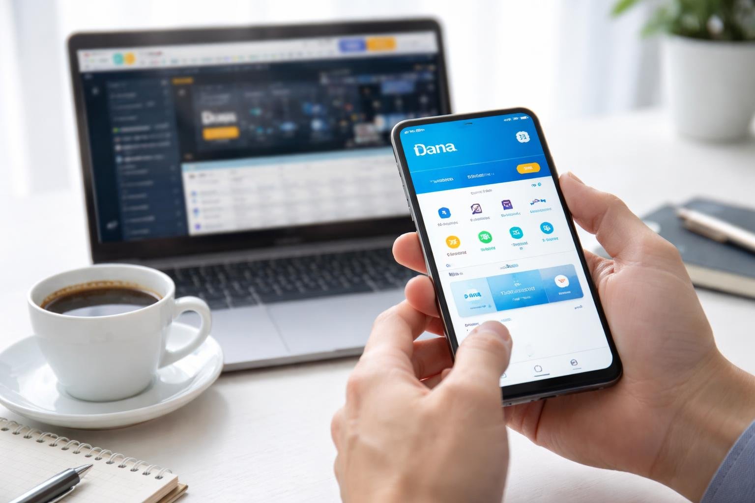 Tangan seseorang memegang ponsel dengan aplikasi dompet digital terbuka, di latar belakang terdapat laptop dengan tampilan platform keuangan, di atas meja kerja yang rapi.