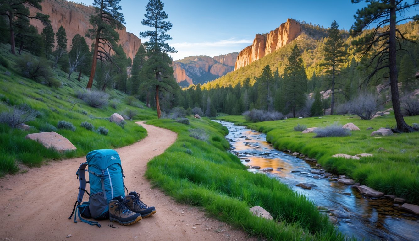 A winding dirt trail through a green forest with rocky cliffs and mountains in the background, and a backpack resting beside the path.