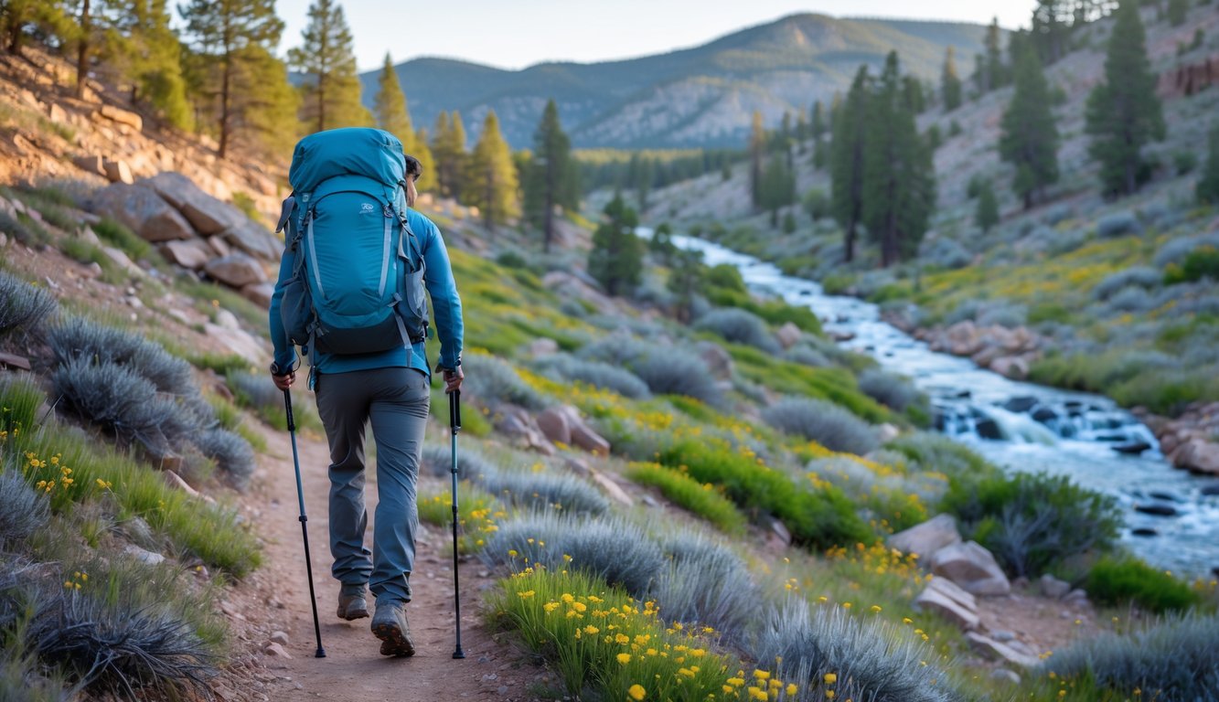A backpacker hiking on a trail through a forested mountainous area with rocky terrain and wildflowers under a clear sky.