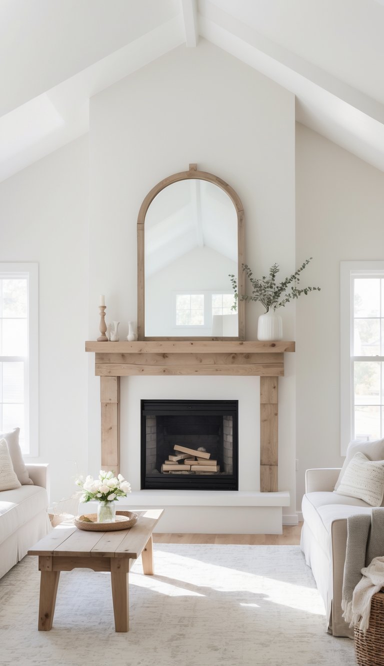A bright living room with a fireplace mantel and a large arched window mirror above it, featuring a sofa, coffee table, and cozy decor in a clean and inviting space.
