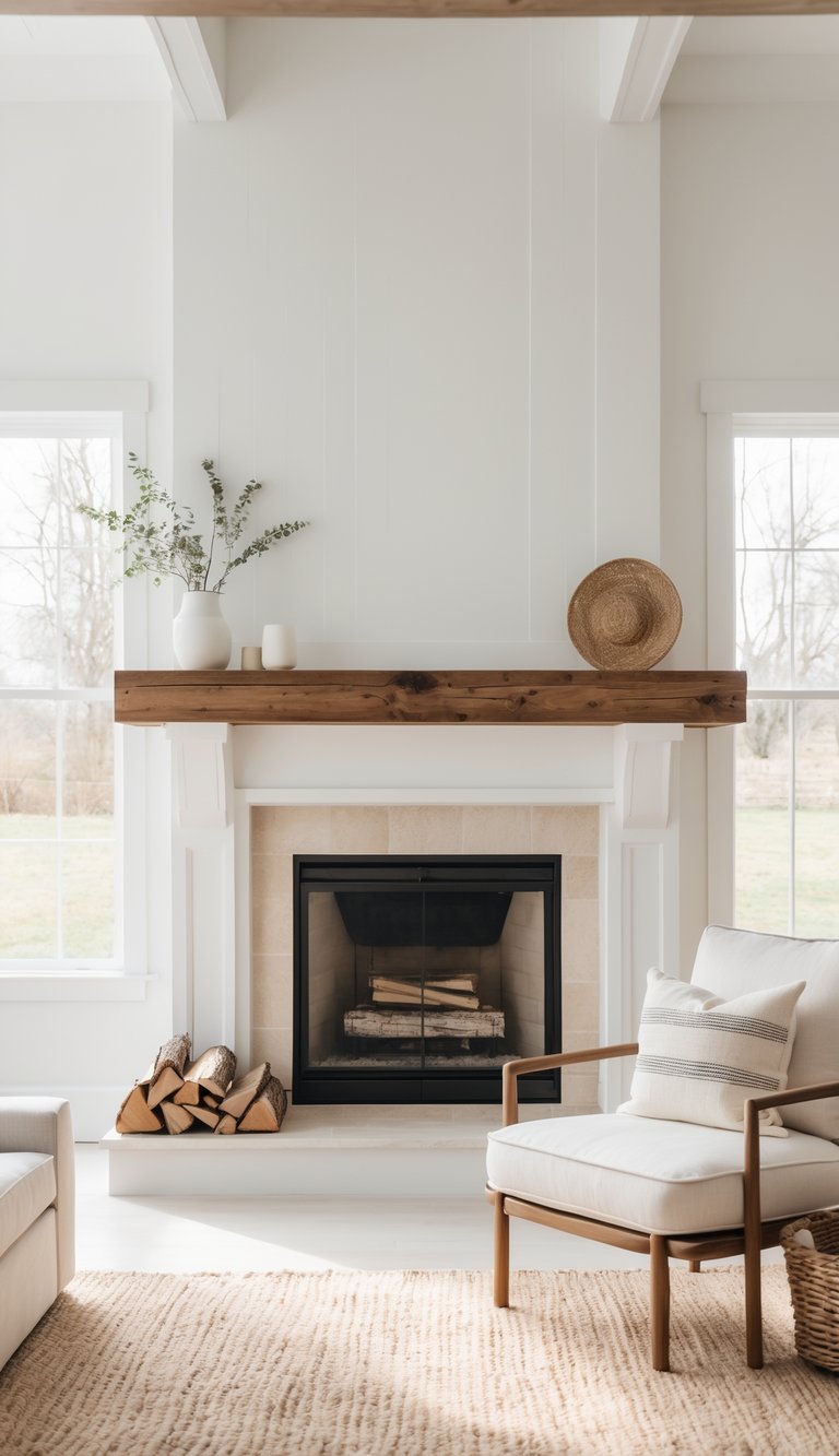 A bright room with a simple fireplace mantel, cozy armchair, and clean floor, featuring natural light and minimal decorations.