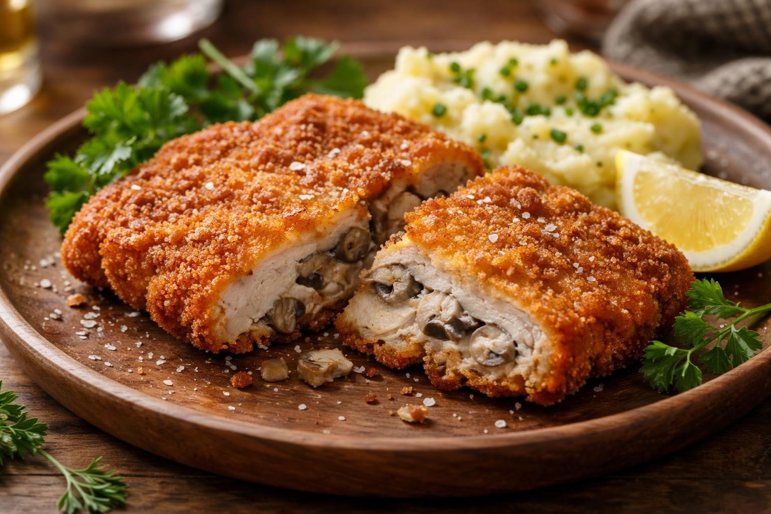 A crispy golden-brown schnitzel with mushrooms on a wooden plate, garnished with herbs and lemon, accompanied by mashed potatoes.