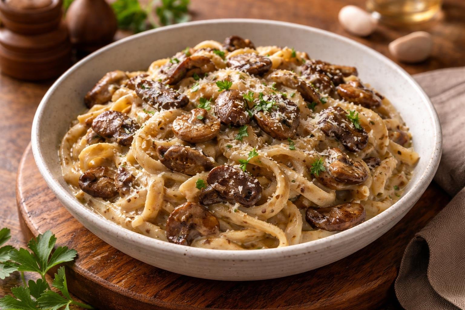 A bowl of creamy wild mushroom pasta with dried porcini mushrooms and garlic garnished with parsley and Parmesan cheese on a wooden table.