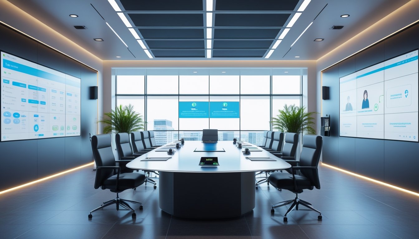 Ruang rapat modern dengan meja konferensi besar, kursi ergonomis, layar digital besar, pencahayaan LED, jendela kaca pintar, dan perangkat teknologi canggih tanpa orang.
