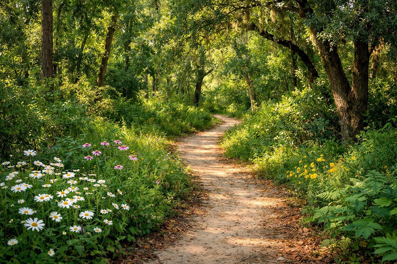 A narrow dirt trail winding through dense green trees and wildflowers in a peaceful forest setting.