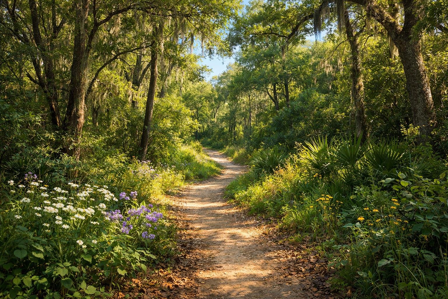 A peaceful forest trail winding through tall trees and green foliage with sunlight filtering through the leaves.