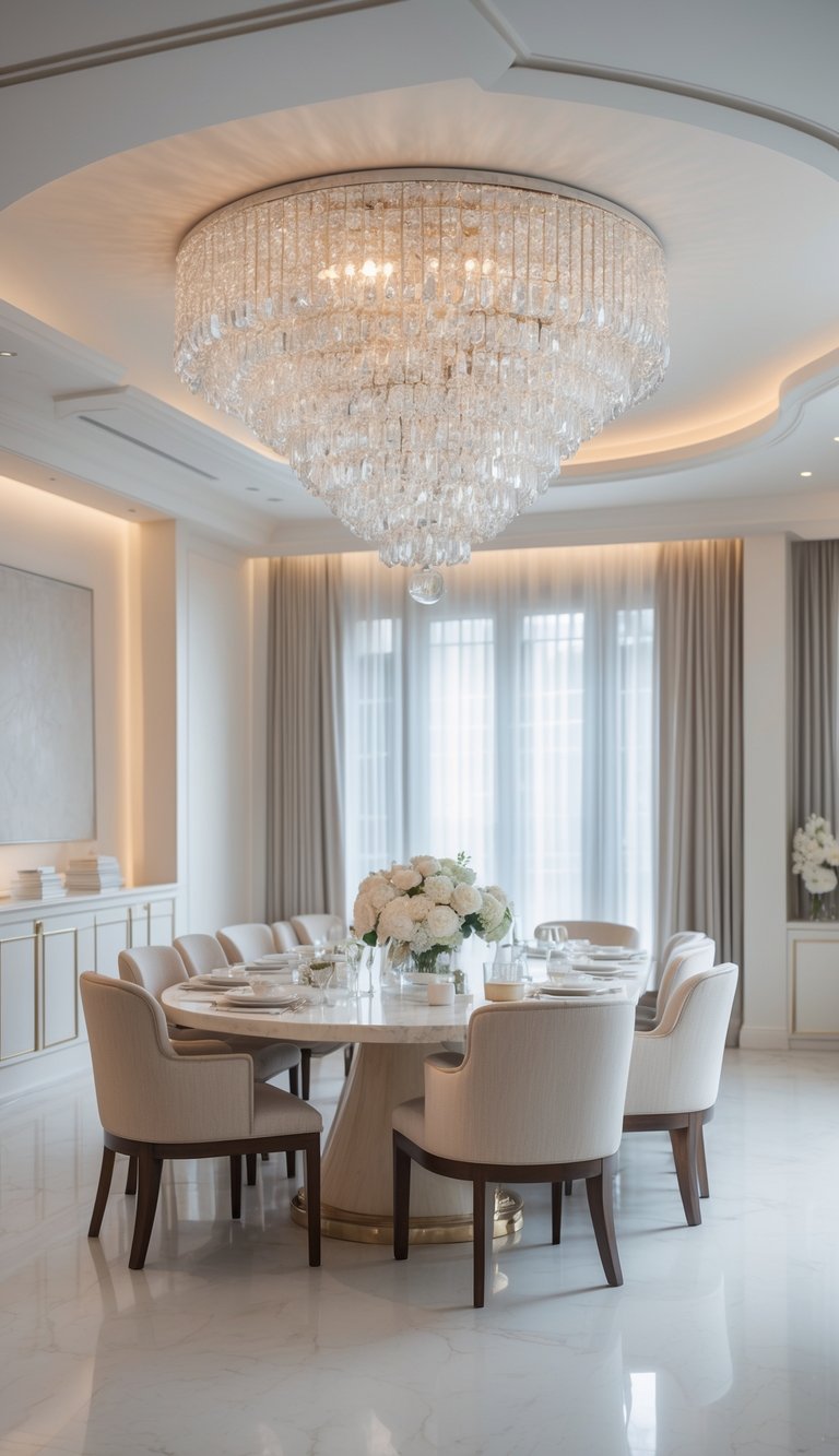 A bright dining room with a large crystal chandelier above a polished dining table surrounded by upholstered chairs.